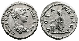 Geta, as Caesar, 198-209 AD. Silver Denarius ( 18 mm, 2.95 g.), Rome, 203-209 AD. GETA CAES PONT COS Bare-headed and draped bust of Geta to right. Rev...