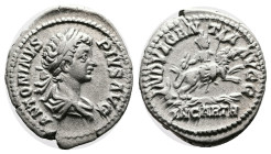 Caracalla, 198-217 AD. Silver Denarius (18.5 mm, 3.66 g.), Rome mint, 204 AD. ANTONINVS PIVS AVG, laureate and draped bust of Caracalla to right. Rev....
