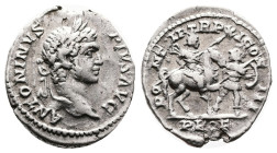 Caracalla, 198-217 AD. Silver Denarius ( 19 mm, 2.73 g.). Struck 208 AD. ANTONINVS PIVS AVG, laureate head of Caracalla to right. Rev. PONTIF TR P XI ...