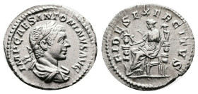 Elagabalus. 218 - 222 AD. Silver Denarius. (20 mm, 2,59 g.). Rome mint, struck 219-222 AD. IMP CAES ANTONINVS AVG, laureate and draped bust right. Rev...