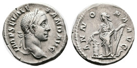 Severus Alexander, 222-235 AD. Silver Denarius ( 19 mm, 2.71 g.). Rome mint, 222-228 AD. IMP C M AVR SEV ALEXAND AVG, laureate and draped bust of Seve...