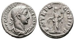 Severus Alexander, 222-235 AD. Silver Denarius ( 18 mm, 3.12 g.). Rome, 227 AD. IMP C M AVR SEV ALEXAND AVG, laureate and draped bust of Severus Alexa...