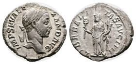 Severus Alexander, 222-235 AD. Silver Denarius ( 18 mm, 2.53 g.). Rome, 228-231 AD. IMP SEV ALEXAND AVG, laureate head of Severus Alexander to right. ...