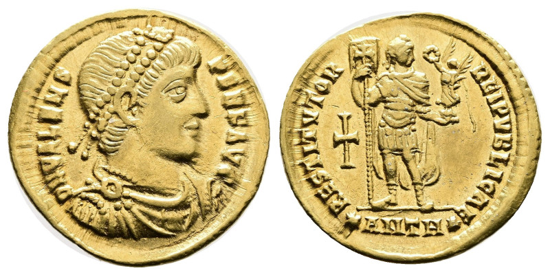 Valens, AD 364. Gold Solidus (21 mm, 4.38 g.). Antioch. DN VALENS PERF AVG, pear...