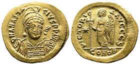 Anastasius I, 491-518 AD. Gold Solidus (20 mm, 4,44 g.). Constantinople, 10th. Officina I, 507-518 AD. D N ANASTASIVSP P AVC Helmeted and cuirassed bu...