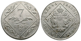 House of Habsburg, Francis II, Austrian Empire 7 Kreutzer (27 mm, 4,87 g.). 1802, Nagybanya. Herinek 889, Novotný 26, Huszár 2014. Extremely fine.