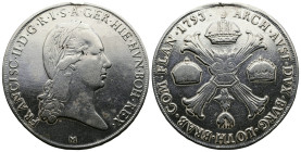 Francis I, Silver Thaler (41 mm, 29,01 g.). 'Kronentaler' Milan 1793 with letter M as a mintmark of the Milan mint. Herinek 488, Davenport 1390. Mount...