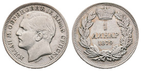 Milan IV Obrenovic, 1868-1882. 1 Dinar, (23 mm, 4.91 g.) 1879. МИЛАН М. ОБРЕНОВИЋ IV. КЊАЗ СРПСКИ, head of Milan to left, TASSET below. Rev. Crowned d...