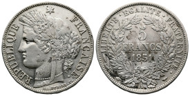 Second Republic, AR-5 Francs (37 mm, 25.89g.). Paris mint, 1851-A. REPUBLIQUE * FRANÇAISE. Wreathed head of Ceres to left, star above, E.A. OUDINE. F....