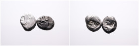 Persia, Achaemenid Empire, Time of Darios I to Xerxes II. Selection of Two Sigloi. Sardes, circa 485-420 BC. types Persian Great King or hero, wearing...