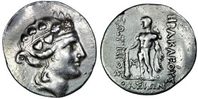 THRACE. Thasos. (circa 120-75 BC).
AR Tetradrachm (33mm, 16,82g)
Obv: Wreathed head of young Dionysos to right. 
Rev: ΗΡΑΚΛΕΟVΣ / ΣΩΤΗΡΟΣ / ΘΑΣΙΩΝ. He...