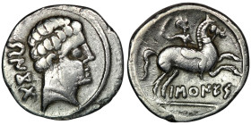 SPAIN. Barskunes. (Late 2nd century BC)
AR Denarius (18mm, 3,85g)
Obv: Bare head to right; Iberian BENKOTA behind 
Rev: Warrior on horseback to right,...
