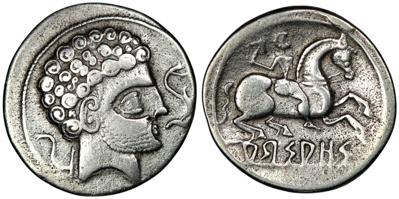 SPAIN. Arsaos. (Circa 150-100 BC).
AR Denarius (19mm, 3,57g)
Obv: Bearded male h...