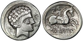 SPAIN. Arsaos. (Circa 150-100 BC).
AR Denarius (19mm, 3,57g)
Obv: Bearded male head right; plow to left, dolphin to right 
Rev: Horseman riding right,...