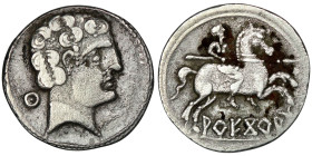 SPAIN. Arekorata. (Late 2nd century BC)
AR Denarius (19mm, 3,71g)
Obv: Male head right; Θ behind 
Rev: Horseman galloping right, holding couched lance...