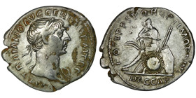 Trajan (98-117 AD). Rome.
AR Denarius (20mm, 3,33g)
Obv: IMP TRAIANO AVG GER DAC P M TR P
Laureate bust of Trajan, right; slight drapery on far should...