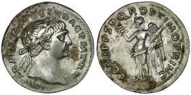 Trajan (AD 98-117). Rome
AR Denarius (19mm, 3,27g)
Obv: IMP TRAIANO AVG GER DAC P M TR P
Bust of Trajan, laureate, right, draped on left shoulder.
Rev...