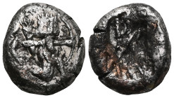 GREEK COINS ACHAEMENID EMPIRE.Time of Darios I to Xerxes II.(485-420 BC).Sardes.Siglos. Obv : Persian king in kneeling-running stance right, holding s...