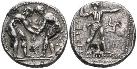 Greek Coins PAMPHYLIA. Aspendos. Stater (Circa 380/75-330/25 BC). Obv: EΣTFEΔIIYΣ. Slinger in throwing stance right; triskeles to right; all within pe...