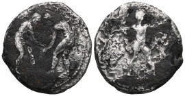 Greek Coins PAMPHYLIA. Aspendos. Stater (Circa 380/75-330/25 BC). Obv: EΣTFEΔIIYΣ. Slinger in throwing stance right; triskeles to right; all within pe...