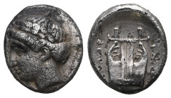 Greek Ionia, Kolophon AR Obol (Silver) 375-360 BC Obv: Laureate head of Apollo Rev: lyre. Ref: Milne, Kolophon, -; Grose, cfr 8049 (diobol).Very fine....