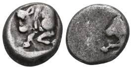 CARIA, Uncertain. Circa 450-400 BC. AR Obol. Forepart of bull left / Forepart of bull left within incuse square. Cf. Konuk, Coin M40–43 (diobols with ...