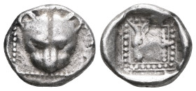 Islands off Ionia, Samos Triobol circa 512, AR . Panther’s head facing. Rev. Bull’s head l. in linear dotted border. All within incuse square. SNG Fit...