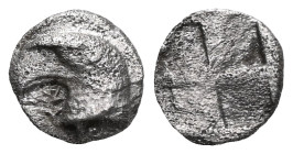 Greek Aeolis, Kyme AR Obol (Silver) ca 480-450 BC Obv: eagle's head left Rev: quadripartite incuse square Ref: SNG Copenhagen 31; SNG von Aulock 1623 ...