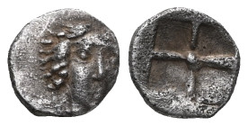 Greek Coins IONIA.Kolophon.(Circa 500-450 BC).Obol. Obv : Head of Apollo facing slightly right. Rev : Quadripartite incuse square. Cf. Milne, Colophon...