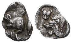 Greek Coins MYSIA. Kyzikos. Obol (Circa 525-475 BC). Obv: Forepart of boar left; K on shoulder, tunny behind / Head of roaring lion left; facing panth...