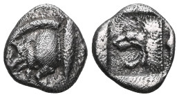 Greek Coins MYSIA. Kyzikos. Obol (Circa 450-400 BC). Obv: Forepart of boar left; tunny to right. Rev: Head of roaring lion left; retrograde K in upper...