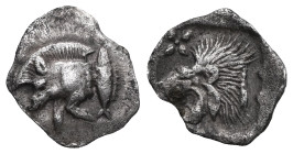 Greek Coins MYSIA. Kyzikos. Obol (Circa 450-400 BC). Obv: Forepart of boar left; tunny to right. Rev: Head of roaring lion left; retrograde K in upper...