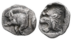 Greek Coins MYSIA. Kyzikos. Obol (Circa 450-400 BC). Obv: Forepart of boar left; tunny to right. Rev: Head of roaring lion left; retrograde K in upper...