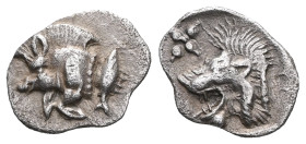 Greek Coins MYSIA. Kyzikos. Obol (Circa 450-400 BC). Obv: Forepart of boar left; tunny to right. Rev: Head of roaring lion left; retrograde K in upper...