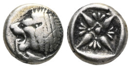Greek Ionia, Miletus, AR obol or 1/12 of stater (Silver), late 6th-5th centuries BC. Obv: Forepart of roaring lion right, head reverted. Rev: Stellate...
