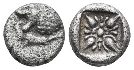 Greek Ionia, Miletus, AR obol or 1/12 of stater (Silver), late 6th-5th centuries BC. Obv: Forepart of roaring lion right, head reverted. Rev: Stellate...