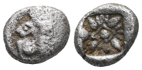 Greek Ionia, Miletus, AR obol or 1/12 of stater (Silver), late 6th-5th centuries BC. Obv: Forepart of roaring lion right, head reverted. Rev: Stellate...