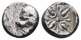 Greek Ionia, Miletus, AR obol or 1/12 of stater (Silver), late 6th-5th centuries BC. Obv: Forepart of roaring lion right, head reverted. Rev: Stellate...