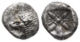 Greek Ionia, Miletus, AR obol or 1/12 of stater (Silver), late 6th-5th centuries BC. Obv: Forepart of roaring lion right, head reverted. Rev: Stellate...