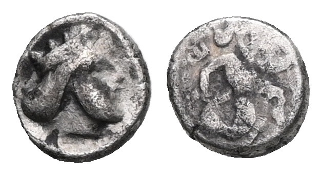 Greek Obols CILICIA.Uncertain Achaemenid. 4th Century BC.AR Obol.Crowned head of...
