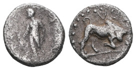 Cilicia. Uncertain Mint circa 400-200 BC. Obol AR Bull butting right / Male figure advancing left, inscription right. Gorny & Mosch 176/1249; SNG Fran...