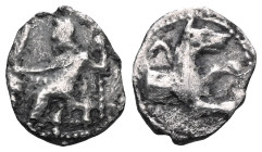 Greek CILICIA. Uncertain mint or satrap. Circa 4th Century B.C. AR obol. Baaltars seated on throne left, holding grain ear and scepter / Forepart of w...