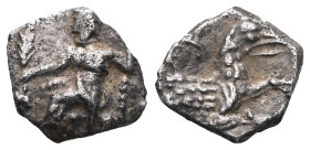Greek CILICIA. Uncertain mint or satrap. Circa 4th Century B.C. AR obol. Baaltars seated on throne left, holding grain ear and scepter / Forepart of w...
