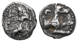 Greek CILICIA. Uncertain mint or satrap. Circa 4th Century B.C. AR obol. Baaltars seated on throne left, holding grain ear and scepter / Forepart of w...