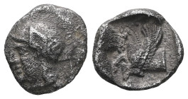 Greek CILICIA. Celenderis. Ca. late 5th-early 4th centuries BC. AR obol . NGC Choice XF. Head of Athena left, wearing crested Attic helmet, spiral on ...