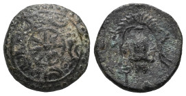 Greek Kings of Macedon. Uncertain mint in Macedon 325-310 BC. Time of Alexander III – Kassander Bronze Æ Macedonian shield; star on boss / B-A, Macedo...
