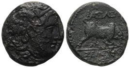 Greek Seleukid kings of Syria AE (Bronze) Seleukos I Nikator (312-281 BC) Obv: Winged head of Medusa right Rev: ΒΑ / ΣΕΛ, Bull butting right Ref: HGC ...