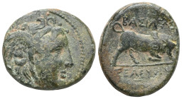 Greek Seleukid kings of Syria AE (Bronze) Seleukos I Nikator (312-281 BC) Obv: Winged head of Medusa right Rev: ΒΑ / ΣΕΛ, Bull butting right Ref: HGC ...
