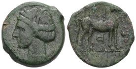 Greek CARTHAGE. First Punic War. Circa 264-241 BC. Shekel (Bronze), Sardinian mint. Wreathed head of Tanit to left, wearing triple-pendant earring. Re...