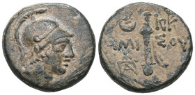 Pontos, Amisos Æ21. Time of Mithradates VI, Circa 120-63 BC. Head of Ares (?) right / ΑΜΙ-ΣΟΥ, sword in sheath; [star above left], IB above right, mon...